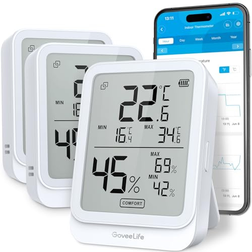 GoveeLife Bluetooth Digitales Thermometer Hygrometer Innen, 3 Stück | Luftfeuchtigkeitsmesser con Taupunkt/VPD, App Benachrichtigungsalarm, Datenspeicherung für Zuhause Gewächshaus Weinkeller