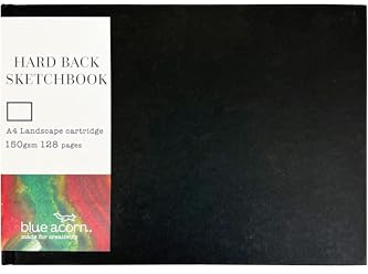 BLUE ACORN - A4-Skizzenbuch im Querformat, Hardcover, 64 Blatt, 150 g/m², Mehrzweck-Papier, schwarzer Einband mit Seitenmarker, ideal für leichte Farbwaschungen, Bleistifte und Skizzieren