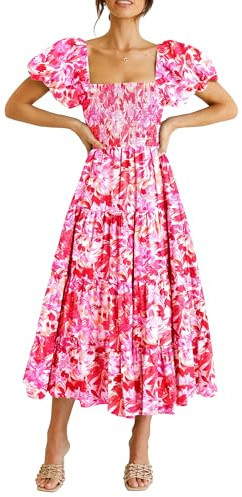 PRETTYGARDEN Women's Casual Summer Midi Dress Puffy Short Sleeve Square Neck Smocked Tiered Ruffle Dresses (Floral Rose Red,Large)