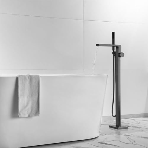 BiaoTeng Badewannenarmatur Mit Handbrause Wasserfall grau Messing Armatur FüR Freistehende Badewanne Standarmatur Freistehend Wannenarmatur Armatur, grau
