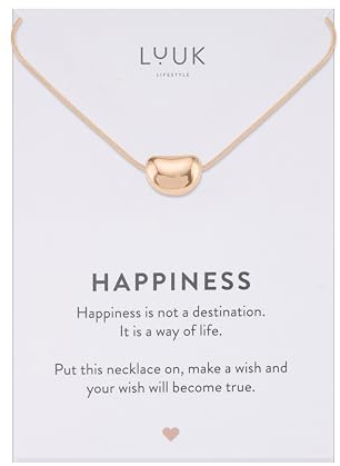 LUUK LIFESTYLE Collana con ciondolo Fagiolo e acciaio inossidabile (50 cm), carta HAPPINESS, portafortuna, gioielli elegante, idea regali donna, lei, ragazza, compleanno, oro rosa