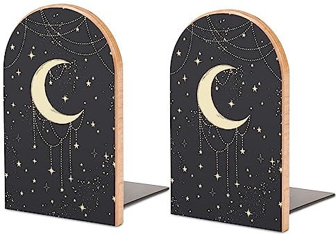 Magische Karte Goldene mystische Sterne Mond Buchstütze Premium Holz + Metall L-Form Dekorative Buchstützen Buchstütze für Bücherregal Desktop Klassenzimmer Küche Zuhause