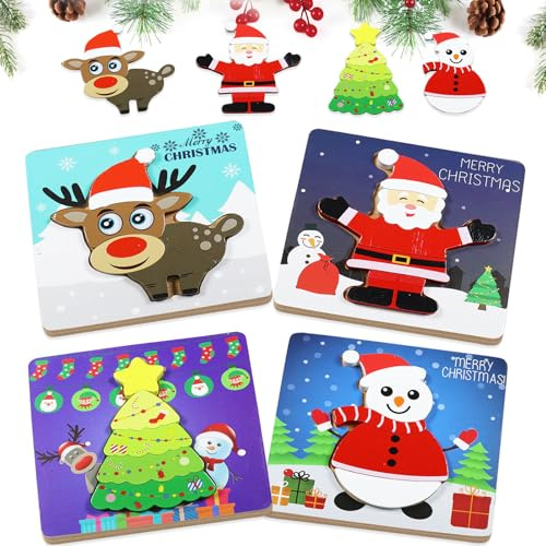 4 Stück Weihnachtspuzzle Kinderpuzzle, Holzpuzzle Kinder, Montessori Puzzle Weihnachten Lernspielzeug, Holzspielzeug Weihnachts Puzzle für Kindervon 1 bis 6 Jahren, Geschenke für Mädchen und Jungen