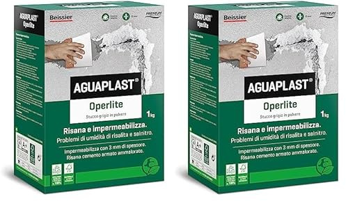 AGUAPLAST Operlite stucco risanante contro umidità e salnitro, 1kg - Stucco, intonaco colore grigio chiaro (Confezione da 2)