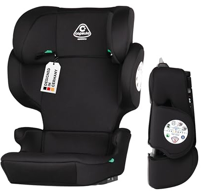capsula® Kindersitz ISOFIX 100-150 cm i-Size faltbar 15-36 kg schwarz | Mit und ohne ISOFIX, Kopfstütze 9-fach mit 1 Hand verstellbar, flach faltbar, 3-Punkt-Gurt, Bezug bei 30 Grad waschbar