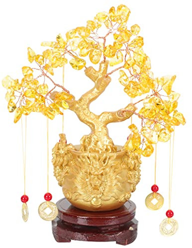 Zerodeko Adorno De Árbol Fortuna Tres Dragones Amarillos Decoración De Bonsái De Cristal Salón Centro De Mesa Que Atrae La Prosperidad para TV Cabinet