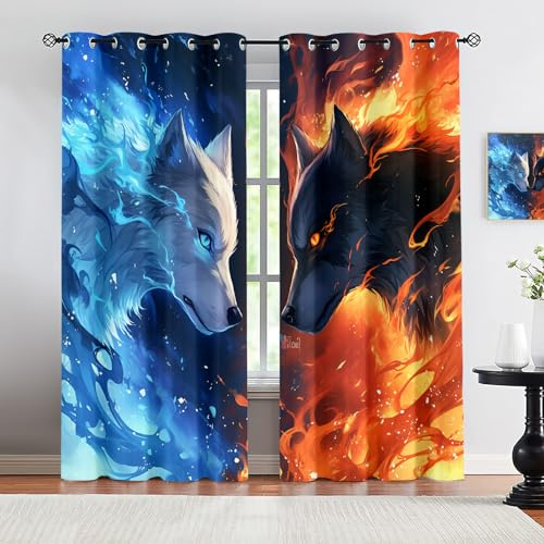 HYGIUID Cool Wolf Window Curtains, Abstract Modern Nature Wildlife Fire Ice Thermal Drapes Grommet Curtains for Office Conference Room, 31.5 x 72, 2 Panels