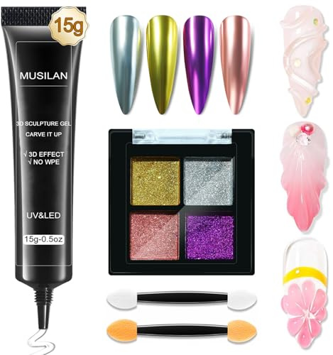 MUSILAN Gel 3D Nail Art Skulptur Gel und 4 Farbiges Chrom Nail Pulver für Nägel 15g Abwischbares klares für Nägel, 3D Formung Modellierung und Metallisches Chrompuder Set für Nagelkunst Dekoration