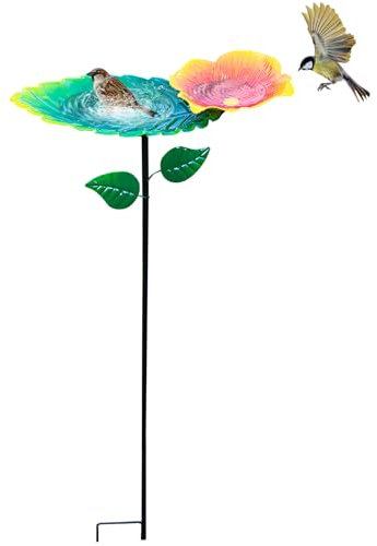 Vogeltränke Stehend, Metall Vogeltränke Vogelbad Garten auf Stab, Vogelbad Frostsicher aus Gusseisen, Futter Schale und Vogelfutterspender, für Draußen Garten Balkon, Wasserschale Blattform ﻿ (A)