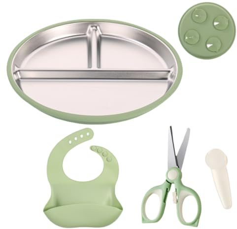 Feeding Set di stoviglie per bambini, piatti in acciaio inox con super ventosa e 100% silicone, set da pranzo 3 in 1, con bavaglini e forbici per alimenti senza BPA, lavabile in lavastoviglie per