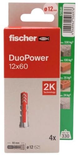 fischer - Duopower 12x60-4U, Tacos para pared multimaterial, sirven para Colgar Bicicletas, Cuadros, Armarios, Soportes de Televisión, Estanterías, Muebles.