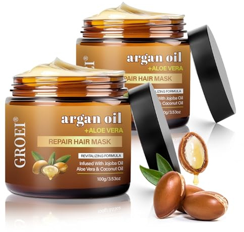 Argan Oil Repair Hair Mask – Conditioner with Argan Oil, Jojoba Oil, Aloe Vera & Coconut Oil for Dry Damaged Hair, Reduces Frizz & Restores Elasticity, 2Pack