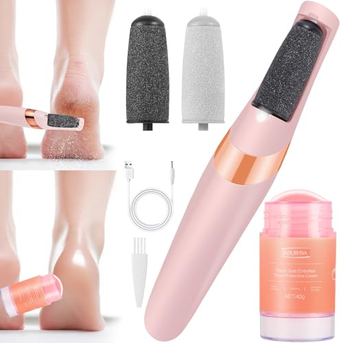Electric Foot File with Urea Cream, Rechargeable Callus Remover, Peach Scented Moisturizing Treatment, Portable Cracked Heel Stick for Dry and Cracked Feet, Pink and Rose Gold
