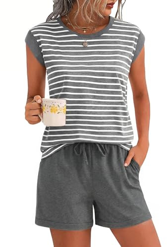 Marvmys Kvinnors sommar bomullspyjamas kortärmad pyjamas randiga shorts manschettshorts 2-delad bekväm mjuk S-XXL