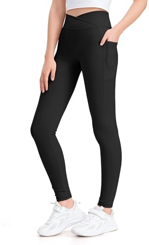 KEREDA Leggings Mädchen Sportleggins Kinder V Crossover Sporthose Teenager Hosen mit Taschen Turnhose für Gym Yoga Gymnastik Schwarz 11-12 Jahre