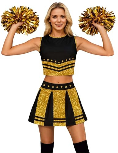 Cheerleader Kostüm Damen für Erwachsene,Cheerleading outfit,Cheerleadering Outfit,High school musical cheerleader kostüm,Cheerleader Pompoms für Verkleidung Karneval Party Cosplay Fasching Halloween