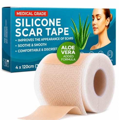 Medical Grade Silicone Scar Tape | 4cm x 1.2M | Silicone Scar Sheets for After Surgery C Section Recovery, Wrikles Removal, Face Treatment Gel Patches/Plasters (Aloe Vera 1.6 x 4ft)
