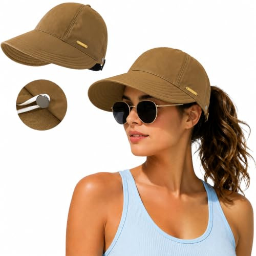 BZURTER Bob Sombrero de sol para mujer UPF 50+ Anti UV, sombrero plegable con apertura de cola de caballo y ganchos metálicos, Bob transpirable para playa, viajes, senderismo y al aire libre
