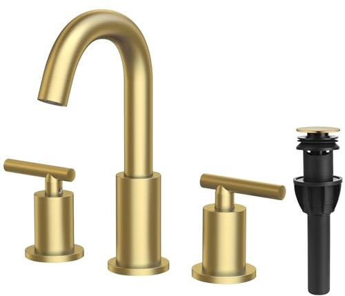 TRUSTMI Bathroom Faucet 3 Hole Brushed Gold - 8 Inch Widespread Brass Bathroom Vanity Sink Faucets in Gold with Swivel Spout, Include Overflow Drain and cUPC Supply Lines