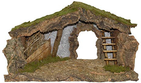 euromarchi - Pesebre navideño, caseta vacía, establo, Escalera y heno, de Madera, Paja y Musgo, 23 x 12,5 x 13 cm, 23 x 12,5 x 13 cm