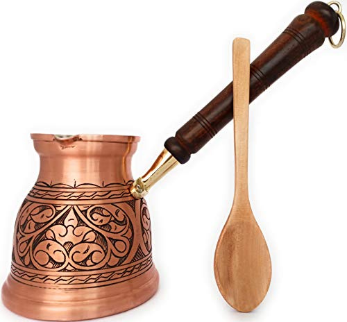 DEDE Copper - Série ist (XLarge-40 ml) – Cafetière arabe turque en cuivre massif gravé avec poignée en bois, cafetière Cezve, Jezve, Jazva, Jazzve, Ibrik, Briki (mat)