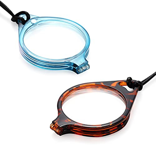 TERAISE Collier Lunettes de lecture Nouveaux lecteurs suspendus Lunettes de lecture légères et portables anti-perte avec étui en métal exquis pour femmes et hommes, Léopard marron + bleu, 2.5X