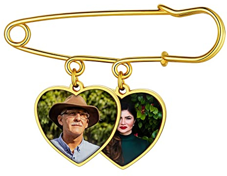 Custom4U 2x Personalisierte Foto Brosche Gold mit Gravur Memorial Anhänger Brautstrauß Broschen mit Foto Edelstahl Herz Anstecknadel Hochzeit für Brautstrauß Braut Erinnerungsschmuck Geschenke