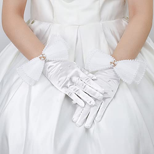 IYOU Satin-Hochzeitshandschuhe, Perlweiß, kurze Schleife, Braut-Handschuh, Zubehör für Damen, Teeparty, Oper, Cosplay, weiß, Einheitsgröße