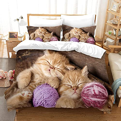 Set di biancheria da letto per gatti 135 x 200 cm, set di biancheria da letto in microfibra 3D con motivo gatto 3 pezzi con cerniera, 100% cotone con copripiumino e federa (Gatto-3, 200 x 200 cm)