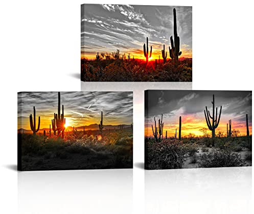 OuElegent Großer schöner Sonnenuntergang mit Saguaros Landschaft Leinwand Wandkunst Sonoran Wüste Bild Galerie verpackt Botanischer Kaktus in Arizona Kunstdruck auf Leinwand für Home Office Dekor