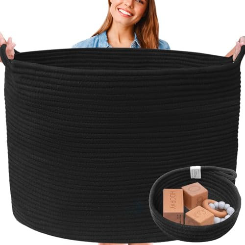 Waschbarer, großer schwarzer Korb, Deckenkorb, Wohnzimmer, 2 Stück, Spielzeugkörbe, Aufbewahrung, Kinder, gewebtes Seil, extra großer Korb für Decken, Kissen, Überwürfe, Wäsche + kleiner Korb, große