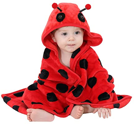 Doladola Baby Decke Babys Tier Design，Flanell Kinder Decke Kapuzenhandtuch für Mädchen und Jungen，Baby Kapuze ​Badeponcho Kinder Warm（Marienkäfer）