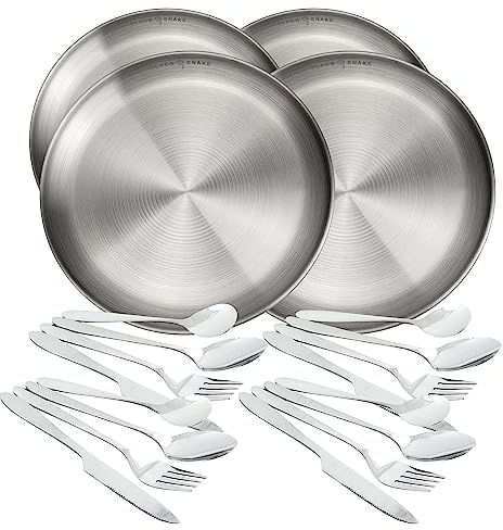 Black Snake® Camping Set - flacher Edelstahl Teller mit Lunch-Besteck und Neopren-Etui - robustes Outdoor Geschirr für Camping, Wandern & Picknick - 4 Personen