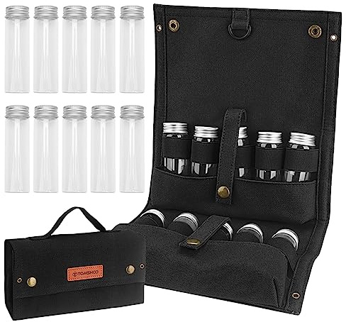 KOCAN Spice Jars, Portable Spice Bag with 10 Spice Jars, Linen Spice Storage Bag, Organiser, Spice Bottle Holder with Spice Bottle Set for Outdoor, Camping, Barbecue, Picnic