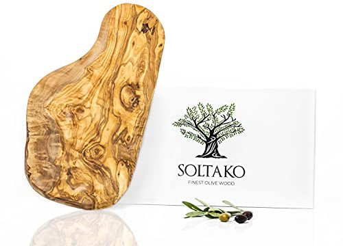 SOLTAKO The Catania Rustic Board Brett aus Olivenholz (43-45 cm) Olivenholzbrett Schneidebrett, Holzbrett, Frühstücksbrett, Steakbrett, Naturschnitt (43 x 20 x 2 cm)