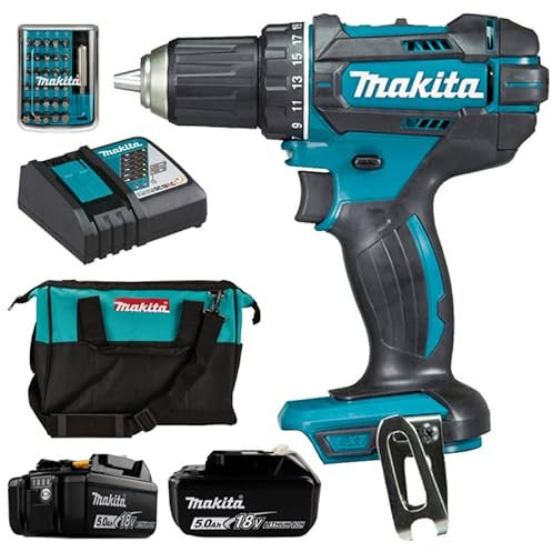 Makita 18 V LXT Makita DDF482 Bohrschrauber + Ladegerät + 2 Bat 5 Ah + 18 Schraubendreher-Bits + Tasche