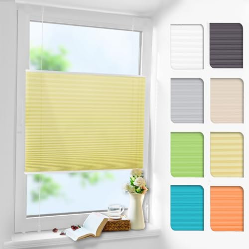 Plissee ohne Bohren Gelb 85x120cm Plissee Klemmfix Version Plisseerollo Sichtschutz und Sonnenschutz Blickdicht Easyfix lichtdurchlässig Rollo für Fenster & Tür