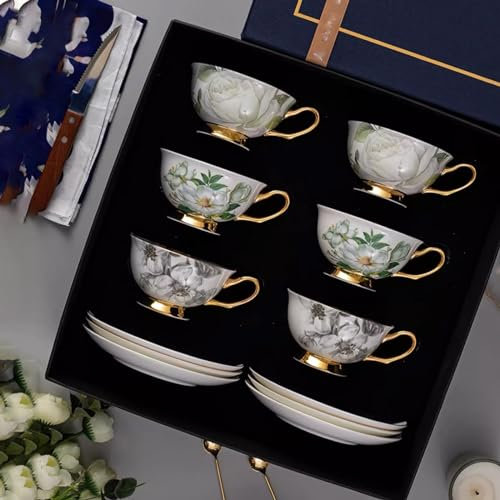 FfiMe Service à thé en porcelaine anglaise en céramique, tasse à café et soucoupe, pour la maison, la cuisine, le mariage, adultes/amis/femmes/hommes (blanc, 12 pièces)