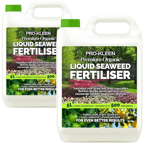 Pro-Kleen Organic Liquid Seaweed Fertiliser 2 x 5L - Ascophyllum Seaweed Extract for Grass, Vegetables, Fruit, Flowers, Shrubs, Lawns & Trees - Concentrated Formula - Provides up to 1000 Treatments