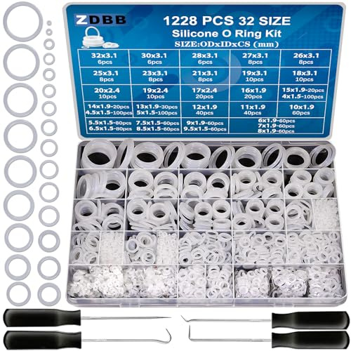 ZDBB 32 Size 1228 PCS Silicone O-Ring Kit, White Oil and Heat Resistant VMQ Seal O-Ring Washer Set for Sealing Faucets and Plumbing with Hook and Pick