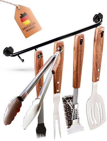 LIKAYA® Premium Grillbesteck-Set [6-TLG.] Edelstahl mit Akazienholz-Griff, inkl. magnetischer Hakenleiste (Grillzange, Grillwender, Grillbürste, Gabel & Pinsel) – Perfektes Grillwerkzeug am Grill!
