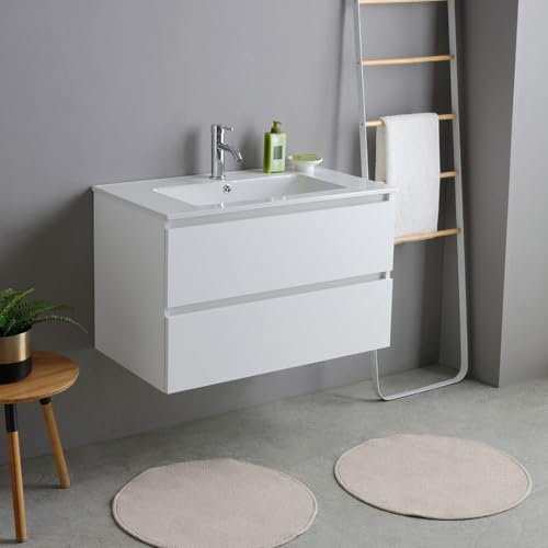 Kiamami Valentina Mueble de baño 80cm Blanco Efecto Madera con Lavabo de cerámica