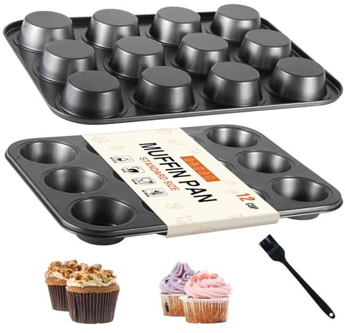 OAMCEG12 Cup Nonstick Muffin Tray Set of 2 - Carbon Steel Baking Tin with Silicone Brush - Non Stick Oven Tray for Cupcake Moulds, Pudding, Yorkshire, Mini Cake, Family Baking, Kids, Gifting