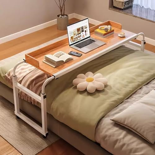 ZHFASDS Pflegetisch Auf Rollen，HöHen Und LäNgenverstellbares Computertisch King-Queen-Betttisch üBer Dem Bett Fauler Schreibtisch Mit Rollen Essenstablett Schreibtisch(Color:Holz)