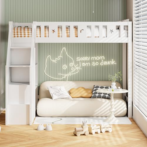 Merax Hochbett Kinderbett 90x200 cm Hochbett mit Stauraum, Regalen – Massivholz Einzelbett in Weiß für Kinder und Jugendliche, ohne Matratze