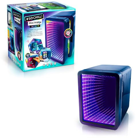 So Chill - Mini nevera con efecto LED infinito, jugadores, estudiantes, viajes en casa/coche, Hangouts + más, alimentado por USB, calcomanías incluidas, 6 latas regulares, puerta con efecto espejo