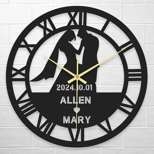 LINMQIU Orologio da parete Matrimonio personalizzato con nome, Grande orologio parete personalizzato in ferro per camera da letto soggiorno Decorazione della stanza Regali di inaugurazione della casa