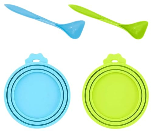AKSIQIOL 2 Pack Silicone Can Lids with Spoon, can lids for tins,BPA-Free Universal Tin Can Covers for Dog & Cat Food, Fits 3 Standard Can Sizes, Blue & Green