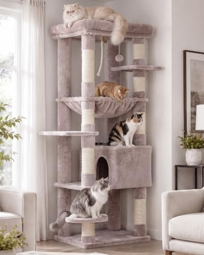 Heybly Katträd För Stora Katter 20 Lbs Heavy Duty 60 Tum XXL Kattorn För Inomhuskatter Möblerad Lägenhet Med Flera Nivåer Med Stor Vadderad Plysch Sittpinne, Muchroom HCT050MU