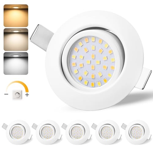 GeyouLux LED Einbaustrahler 230V IP44, 65-75mm EinbauØ Dimmbar Deckenspots | 6W 45° Schwenkbar Einbauleuchten 3000K Warmweiß 4000K Neutralweiß 6500K Kaltweiß Ultra Flach Einbauspots, 6er Set Weiß